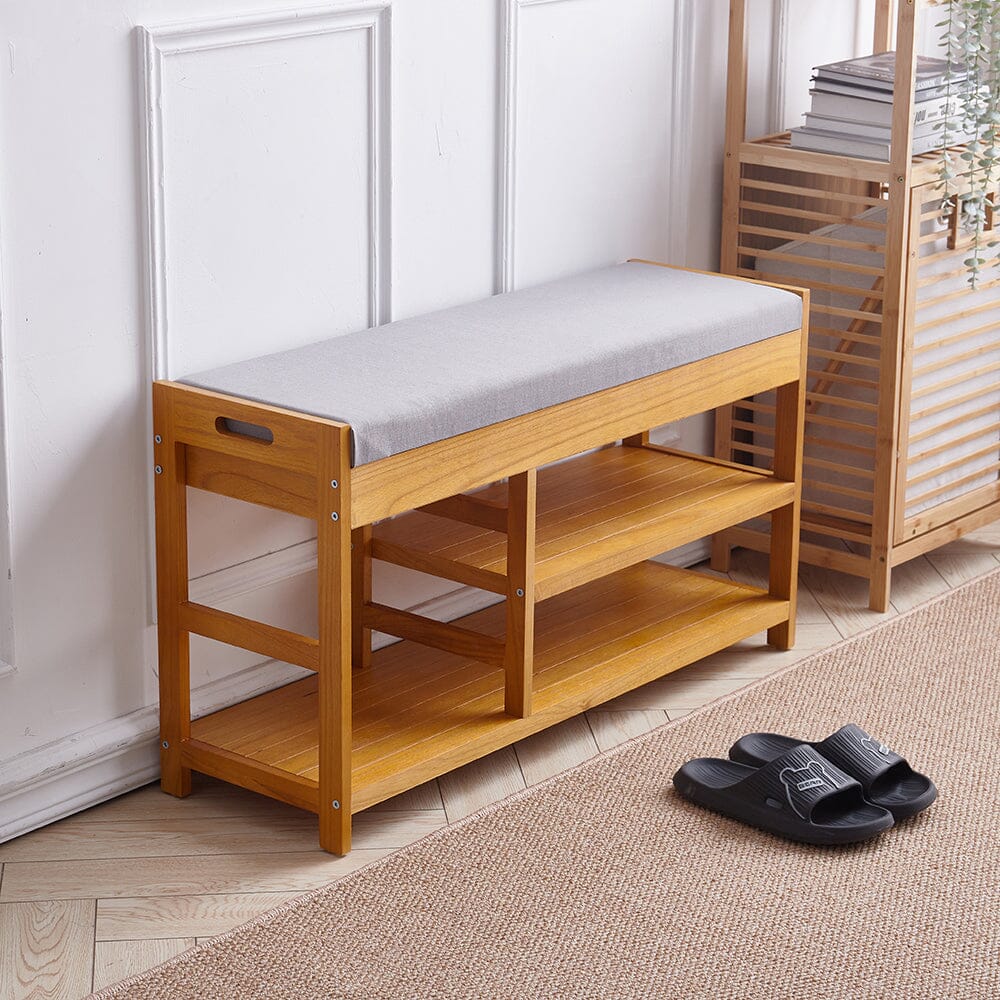 2-Tier Wood Shoe Storage Bench with Padded Seat Benches Living and Home Natural