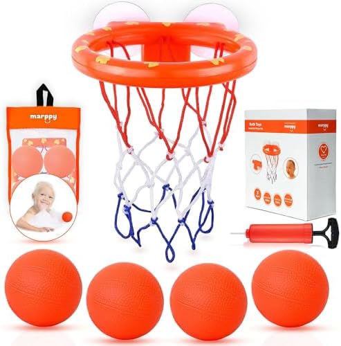 MARPPY Bath Toys, Bathtub Basketball Hoop for Toddlers Kids, Boys and Girls with 4 Soft Balls Set & Strong Suction Cup, Bathtub Shooting Game & Fun Toddlers Bath Toys for Boys or Girls